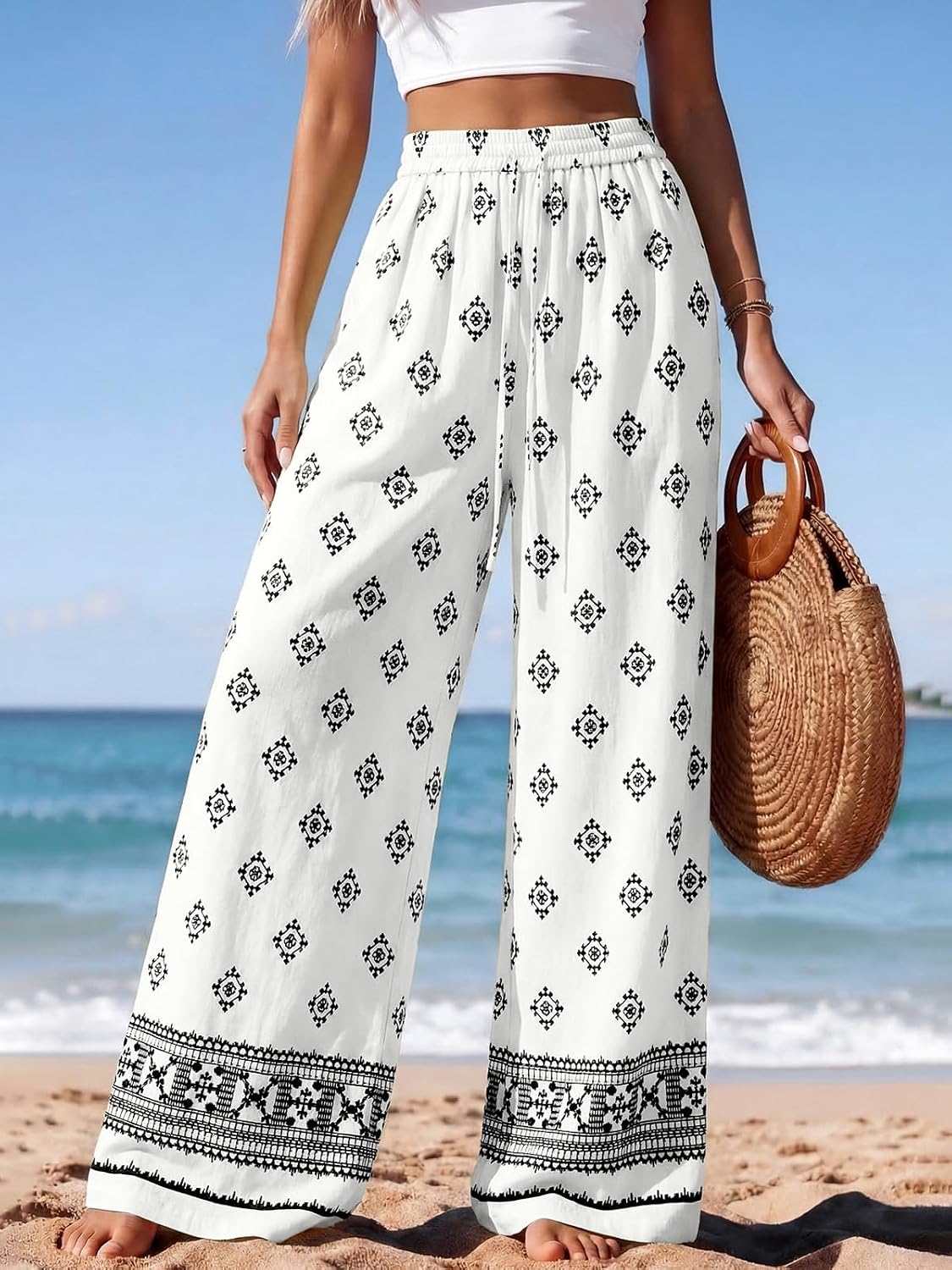 PRETTYGARDEN Pants Elastic Waist Striped Lightweight image 2