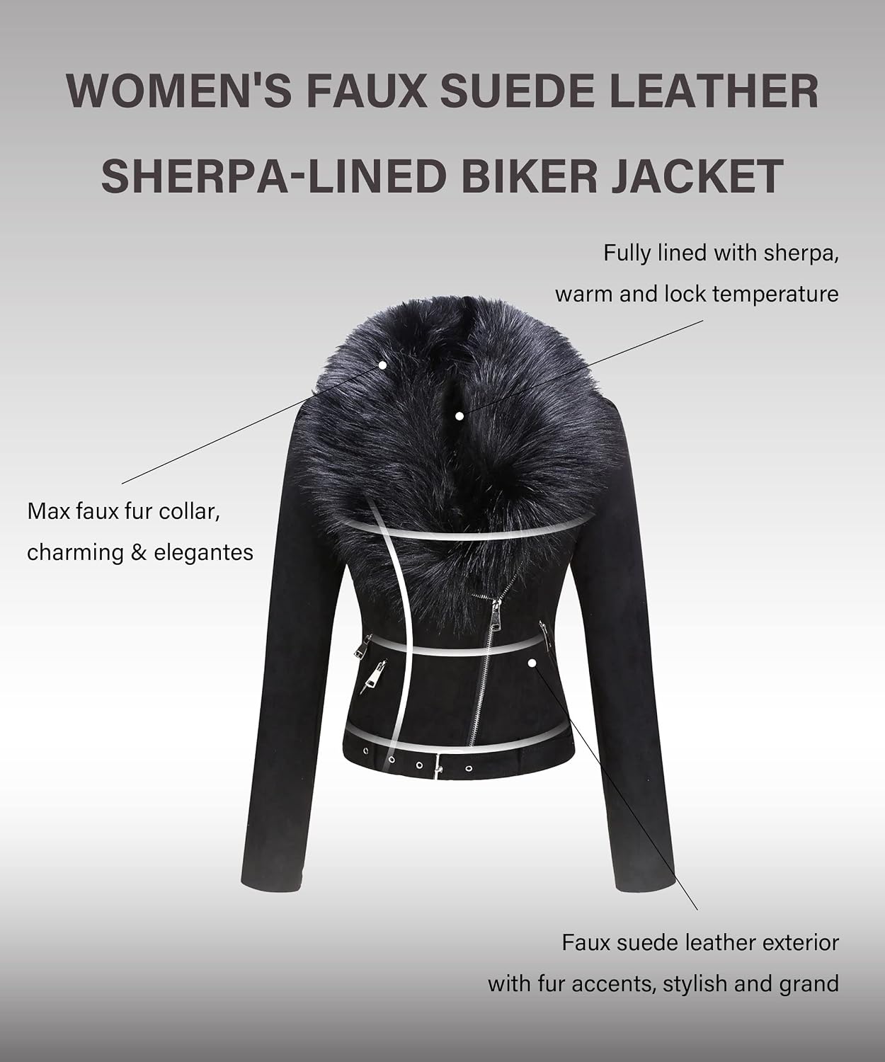 Bellivera Women Faux Suede Jacket Moto Biker Sherpa image 3